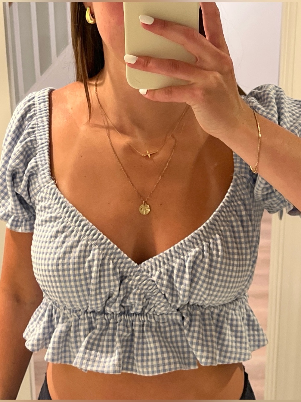 Forever 21 Blue Gingham Tie-Front Puff Sleeve Crop Top